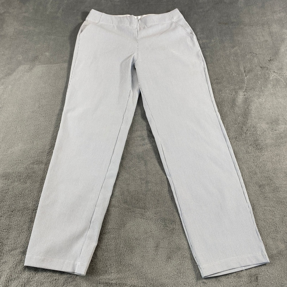 Max Studio Pants Womens L Blue White Pinstripe Straight Leg Pull On 9711R06